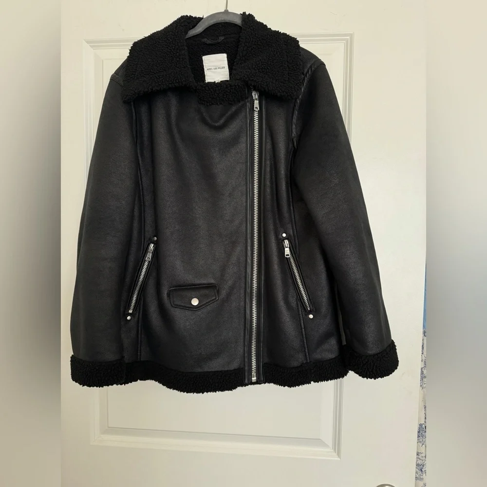 Avec Les Filles Faux Shearling Black Biker Jacket Size M - Picture 3 of 12